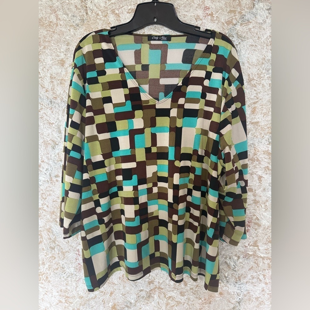 Blue Green Graphic Boxy Three Quarter Sleeve Blouse